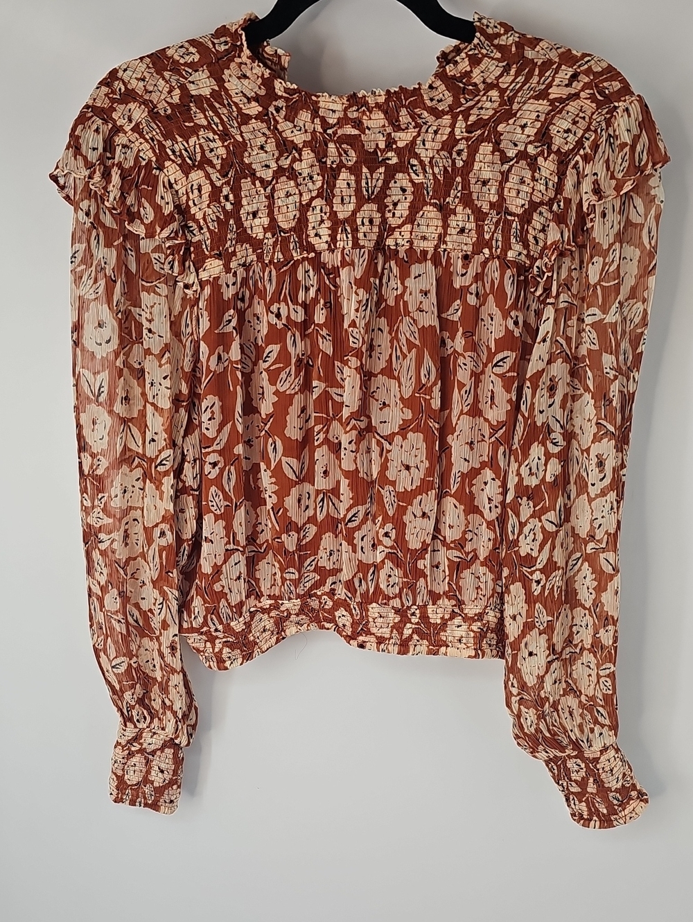 Free People Rust Floral Smocked Long-Sleeve Blouse Prarie Rustic Feminine Boho